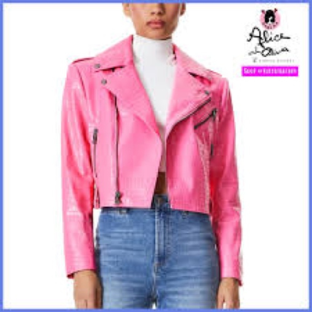 NWT Alice + Olivia Bright Pink Cropped Moto Jacket